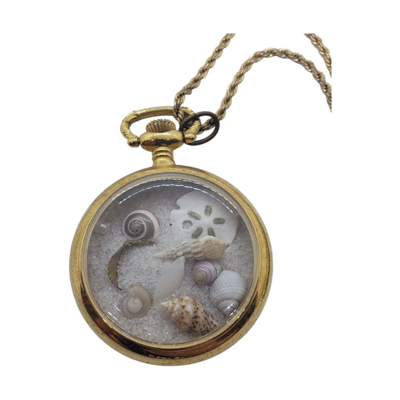 Vintage Gold Tone Pocket Watch Pendant Necklace Beach Sand Real Shells Ocean Art - Picture 1 of 16